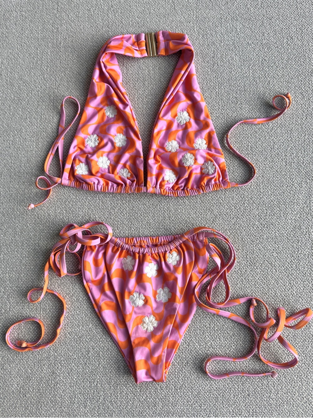 Oceanus Inspired Embroidered Floral Bikini Set Pink Orange Halter Swimwear
